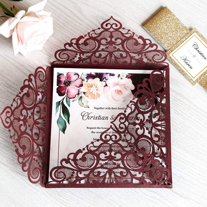 DreamBuilt 6.3 X 6.3 Inch 50PCS Blank Burgundy Laser Cut Wedding Invitations With Envelopes Kit And Gold Glitter Belly Band Wedding Invitation Cards For Wedding invite - Image 5